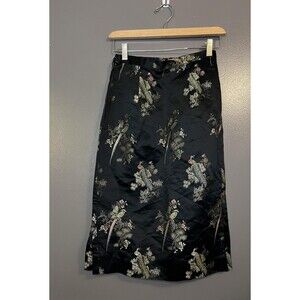 Peacock Print Midi Skirt Womens Medium Black Asian Silk Side Slit Vintage Style